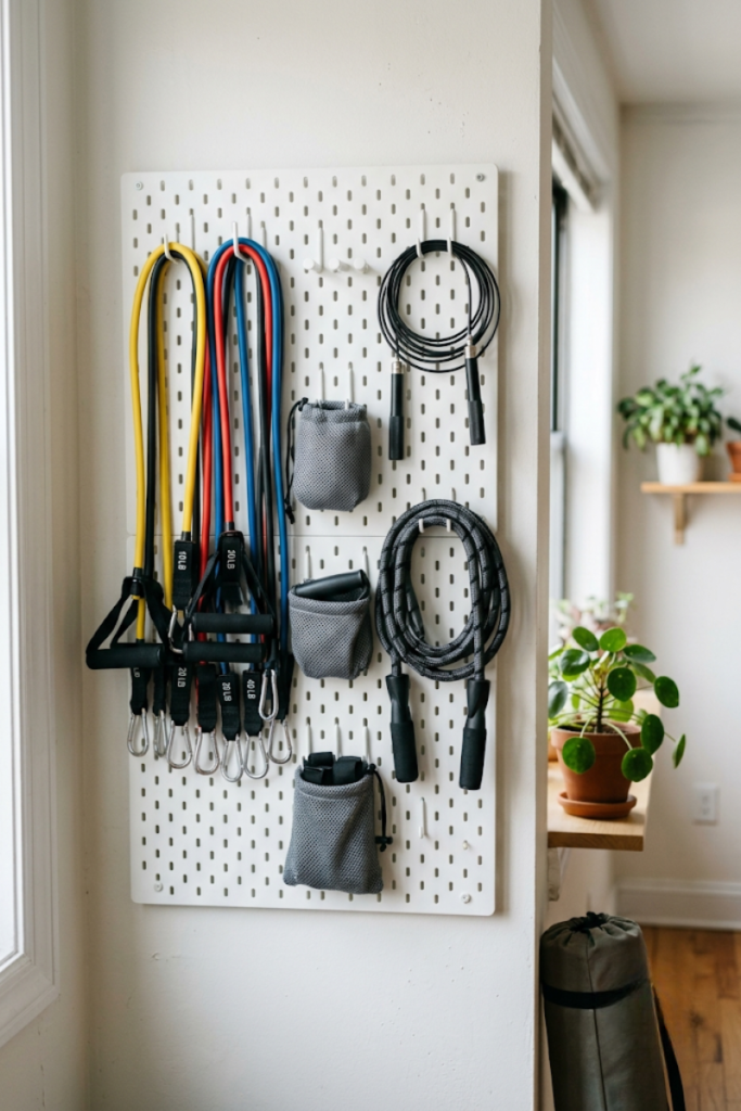 Pegboard storage for gym accessories
