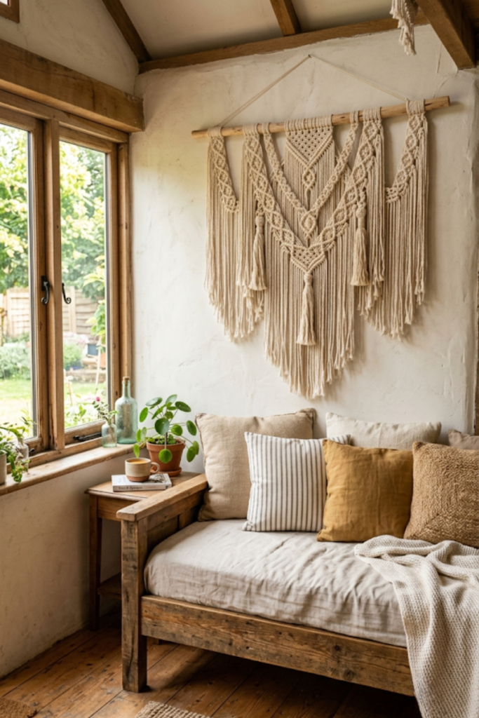 Macrame wall tapestries for texture