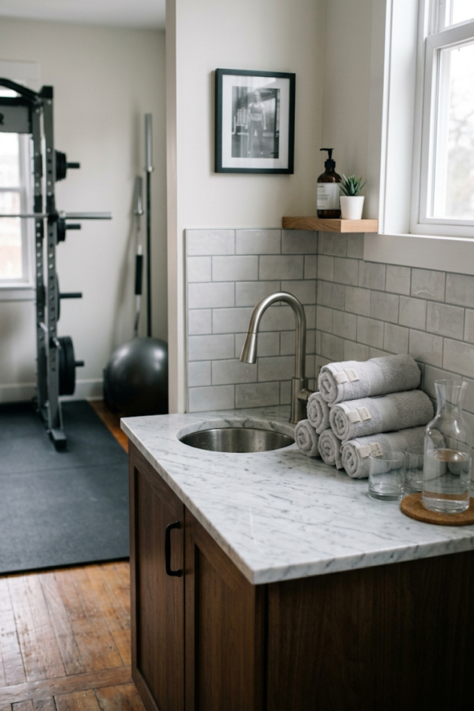 Integrated Wellness Water Bar and Charging Niches