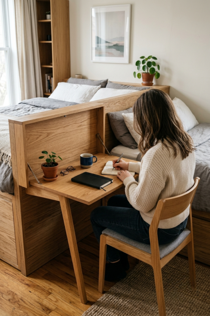Fold-Down Desk Integrated with Bed Frame