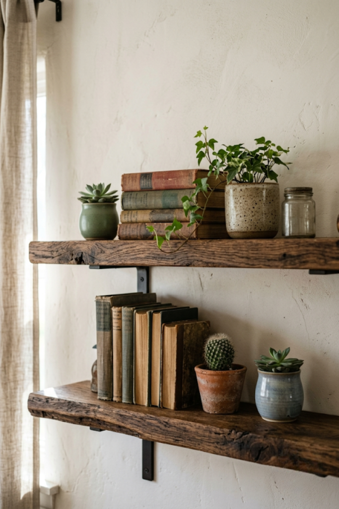 Floating wooden wall shelves
